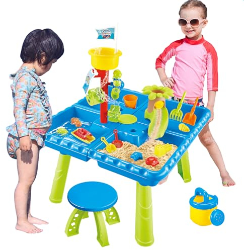 RedCrab 4 in 1 Sand und Wasserspieltisch Kinder, 39 Stück Wasserspielzeug Sandkasten Spielzeug Strandspielzeug Set mit Stuhl, Sommer Spielzeug für Draußen Gartenspielzeug Strand Wassertisch Kinder