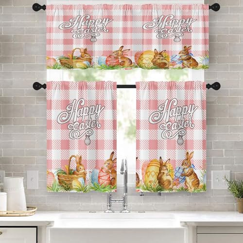 Nesphy QCY24011806 Küchenvorhänge, Fenstervorhänge, Volant und Etagen-Set, 91,4 cm, niedliche Hasen-Eier, Stangentasche, kurze Etagen für Zimmer, Büffelkariert, kleine Café-Vorhänge für Dekoration,