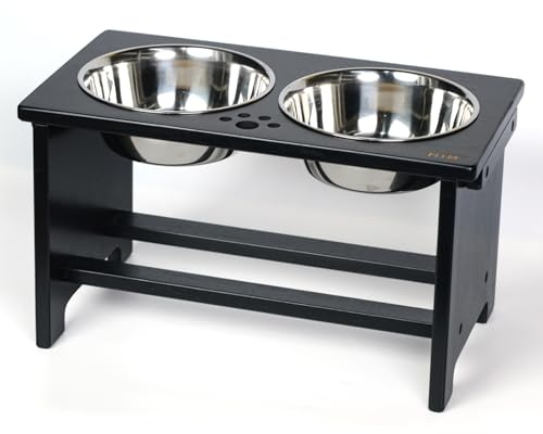 HTB Raised Dog Bowls With Stand, Bamboo Elevated Dog Bowls-25.5cm(H)-Black | Pet Food And Water Feeder for Large Medium Small Size Dogs With 2 Stainless Steel Bowls - 43.99cm(L)*24cm(W)*25.5cm(H)