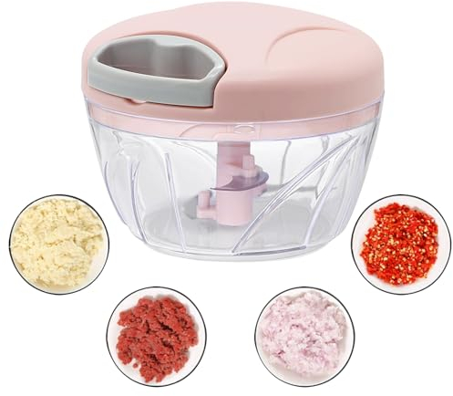 Mini Manual Vegetables Chopper, Uooker Multi-Functional Pull String Food Processor, Food Slicer for Vegetables, Garlic, Peppers, Onions, Meat, Fruits, Kitchen Mini Food Chopper (Pink)