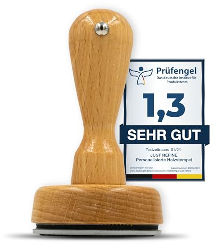Just Refine Holzstempel – personalisierbar – 7 Größen – rund oder eckig – Stempelkissen in Rot, Schwarz, Blau, Grün, Lila – ergonomischer Griff – klare Abdruckqualität - Schaumstoffschicht (50x70mm)