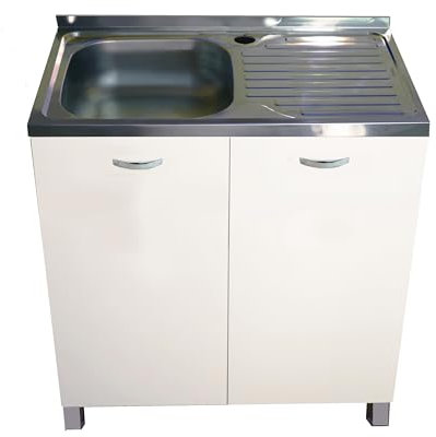 MABEL Mueble bajo fregadero de cocina blanco organizador de madera ennoblecida con fregadero de apoyo de acero bañera a la izquierda con escurridor – L 80 cm x P 50 cm x H 83,5 cm