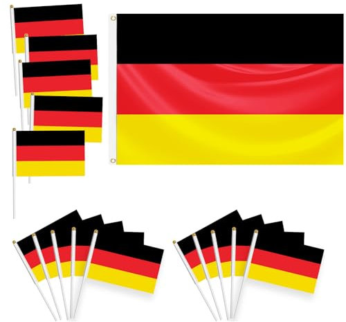 Lote de 16 banderas, 1 bandera grande 150x90 cm con ojales de latón, 15 banderas pequeñas de mano, decoración en eventos deportivos, fiestas(Alemania)