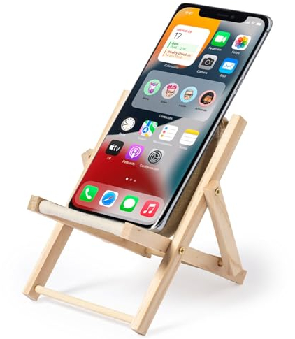 noTrash2003 Handyhalter Smartphone Ständer im Liegestuhl Design Strandstuhl Strandliege Urlaubsfeeling am Schreibtisch Holz und Baumwolle bis 78 mm Breite