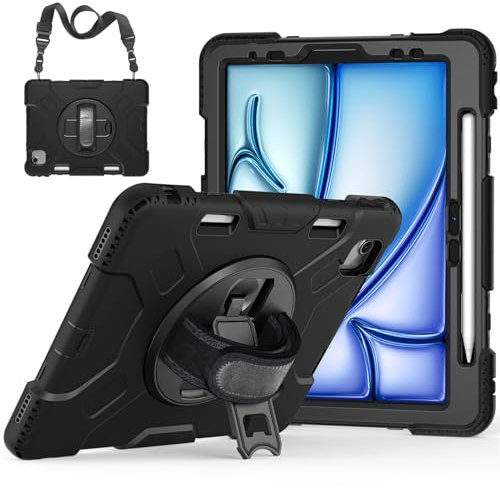 Hülle für 2024 iPad Air 11 (6th Generation) M2, Militärische Stoßfeste Robust Panzerhülle 360 Grad Drehbarer Ständer & Handschlaufe, Stifthalter