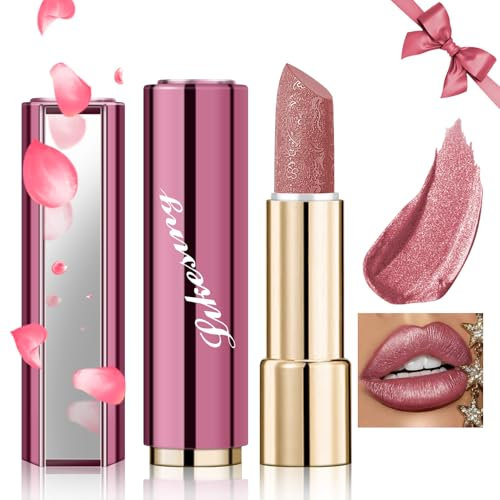 Likesing 1 Pièces Pailleté Rouge a Levre Longue Tenue Rouge a Levre Nude Rose Rouges à Lèvres Sans Transfert Brillant à Lèvres Rouge Lipstick Lip Gloss Kit Femme Fille Maquillage Coffret Cadeau Noël