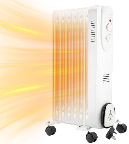 MEOKEY 1500W/1.5KW Oil Filled Radiator, 7 Fin Portable Electric Heater - White, Adjustable Thermostat with 3 Heat Settings, Safety Cut-off, for Home, Garage, Office