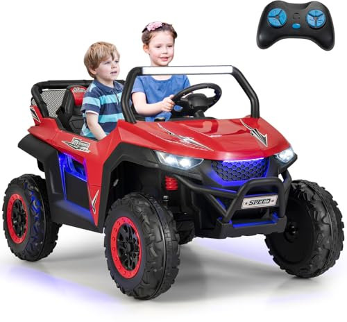 GYMAX Kids Electric UTV, 2-Seater 12V Battery Powered Toy Car with Remote Control, Lights, Bluetooth, MP3, USB, FM, High/Low Speed & Suspension Spring, Children Ride on Car for 3-8 Years Old (Red)