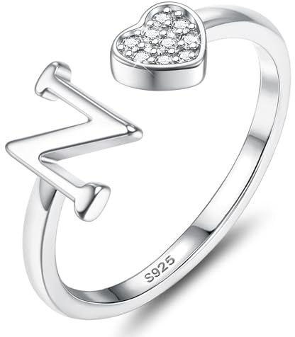 JeweBella Herz Ring Silber 925 Damen mit Buchstaben A-Z Verstellbar | Engagement Promise Ring,Stapeln Daumenring.Fingerring,Eheringe,Verlobungsring, Initiale Ringe Frauen Mädchen mit Box