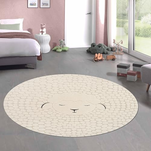 CARPETIA Kinderzimmer Babyzimmer Teppich Schäfchen rund mit Schafsmuster Lamm hochwertig allergikergeeignet in Creme, 160 cm Rund