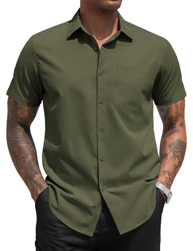 COOFANDY Short Sleeved Shirts for Men Dress Shirts Business Summer Shirts Casual Shirts Wrinkle Free Formal Shirts Regular Fit Polyester Short Sleeve Shirt Olive Green 4XL
