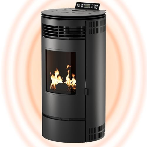UMBRELLA® Stufa a pellet PR8 – Riscaldamento a pellet con 9 kW – Stufa a pellet – Camino elettrico a pellet Wi-Fi Ready – Stufa a pellet ad alta emissione di calore e termostato surriscaldamento, nero