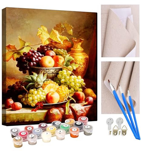 KANGBAWA Paint by Number for Adults Beginner Canvas Vintage Fruit Plate and Wine Painting by Numbers Kits with 3 Brushes and Acrylic Paint(16X20 Inch)