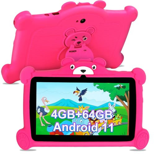 Discoball 7 Inch Kids Tablet with Android 11-4GB RAM+64GB ROM, Parental Control & Pre-Installed Apps Toddler Tablet for Kids Ages 3-12, Dual Camera, WiFi, Shockproof Case for Children