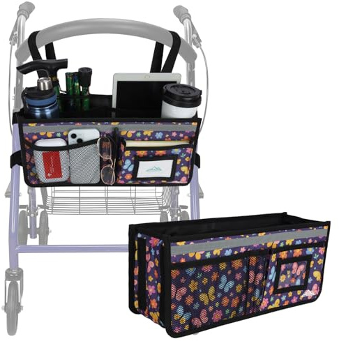supregear Rollatorkorb, Große Kapazität Organizer Tasche mit Mehreren Taschen, Faltbarer Universeller Wasserfester Aufbewahrungsbeutel für Senioren, Violett Schmetterling
