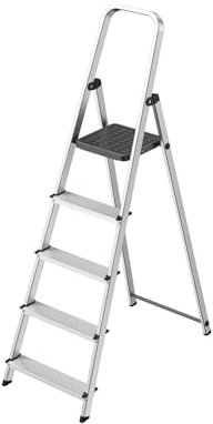 Scala Pieghevole 5 Gradini in Alluminio – Antiscivolo e Leggera – Portata 150 kg –certificata EN 131- Maniglione di Sicurezza – Ideale per Casa e Lavori Domestici
