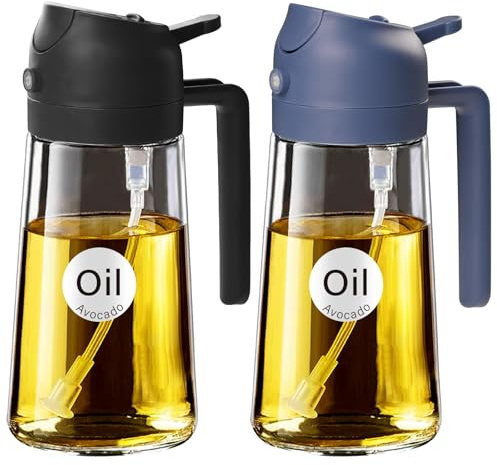 YARRAMATE 2 in 1 Ölsprüher für speiseöl, 470ml ölflasche lebensmittelecht | 2 Stück Ölspray zum Kochen, Hochwertiger Öl Zerstäuber, Ölsprühgerät für Heißluftfritteuse(Schwarz&Marine)