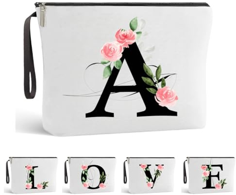 Blisswave Pochette Personalizzata dalla A alla Z, Regali per Donna, Mamme e Amica, Regali di Natale e Compleanno, Elegante e Carina Beauty Case da Viaggio con Iniziale Nome Floreale Rosa (Bianco)