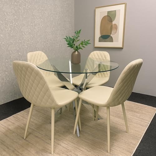 Round Glass Dining Table with 4 cream leather paded Chairs Dining Table Set