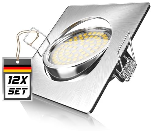 Brandson - 12 x Set Ultra Flach LED Deckenspot eckig warmweiß schwenkbar - Einbauleuchte - Einbauspot Deckenstrahler - Slim Aluminium Druckgussrahmen Edelstahl Optik