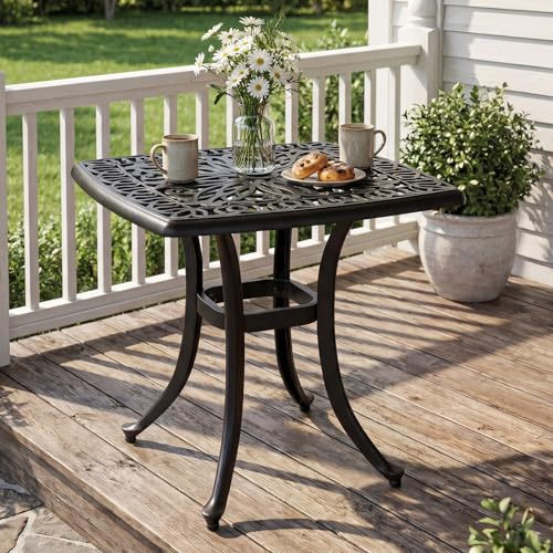 GOPLUS Table Balcon Carrée en Fonte Aluminium Moulé avec Trou pour Parasol, Table à Manger Jardin Motif Floral Ajouré, pour Terrasse, Véranda, Balcon,Charge 120KG (Noir,54 x 43 cm)