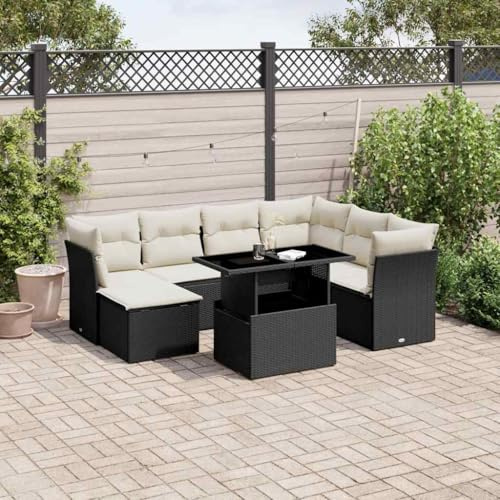 KKHOMEI Polyrattan Gartenmöbel Set mit Höhenverstellbarer Gartentisch Garten Essgruppe Lounge Rattan Terassenmöbel Außen mit Kissen Sitzecke Outdoor Rattan Ecklounge Schwarz und Creme 8-TLG Type-664