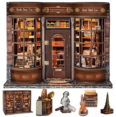 DIY Book Nook Set Erwachsene - LUMYCE 3D Holzpuzzle Bücherregal Dekoration, Miniatur Haus Bausatz zum Basteln mit LED Licht, Modellbau Bücherstütze Bibliothek, Kreatives Holzbausatz Geschenk