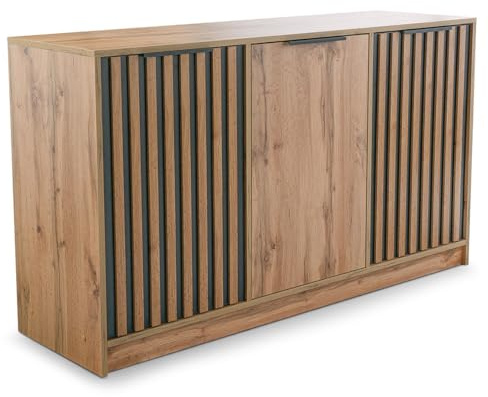 Masseno Kommode Garen 138 cm Sideboard mit Schubladen und 3 Türen für Wohnzimmer Schlafzimmer Modern 138x41x81 cm Eiche Wotan/Schwarz