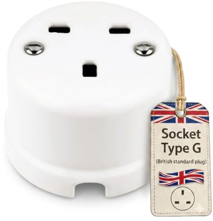 Aufputz Porzellan Retro Steckdose, All-in-One, Serie QR1 weiß, Typ G (UK/British Standard)