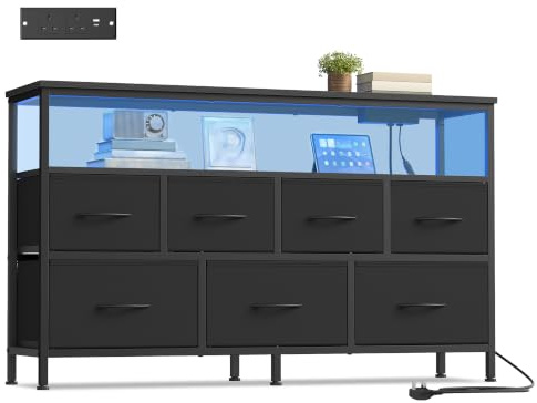 SONGMICS Chest of Drawers with LED Lights and Charging Station, Fabric Storage Cabinet, 7 Drawers, Open Shelf, 113.8 x 30 x 68.1 cm, Ink Black, Bedroom Furniture, Bellah Collection LGS733BH03