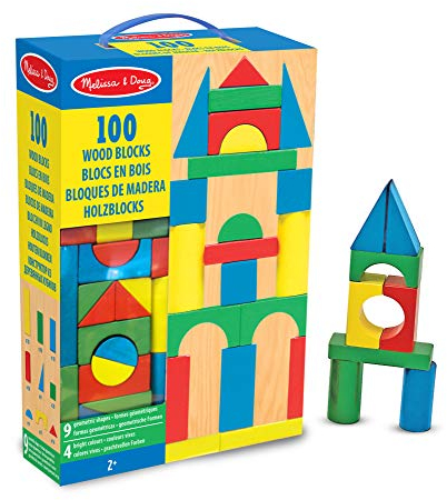 Melissa & Doug Blocs de Construction en Bois, Jouet Éducatif pour les Enfants, 100 Blocs Colorés de Formes et Tailles Différentes, Jeux d'éveil, Cadeau pour garçons et filles de 3 4 5 6 7 ans