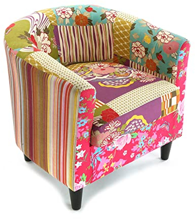Versa Pink Patchwork Sessel für Wohnzimmer, Schlafzimmer oder Esszimmer, bequemer und Anderer Sessel, mit Armlehnen, Maßnahmen (H x L x B) 56 x 62 x 64 cm, Baumwolle und Holz, Farbe: Rosa