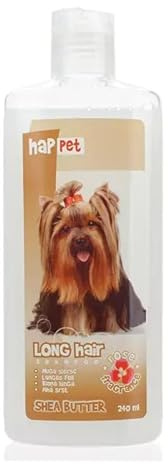 Happet Hundeshampoo für Langhaarhunde mit Shea Butter 240 ml – Intensive Pflege, leichte Kämmbarkeit, weiches & glänzendes Fell, feuchtigkeitsspendend, Rosenduft