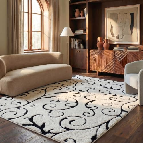 SAFAVIEH Zottelig Teppich für Wohnzimmer, Esszimmer, Schlafzimmer - Florida Shag Collection, Hoher Flor, Elfenbein und Schwarz, 183 X 274 cm
