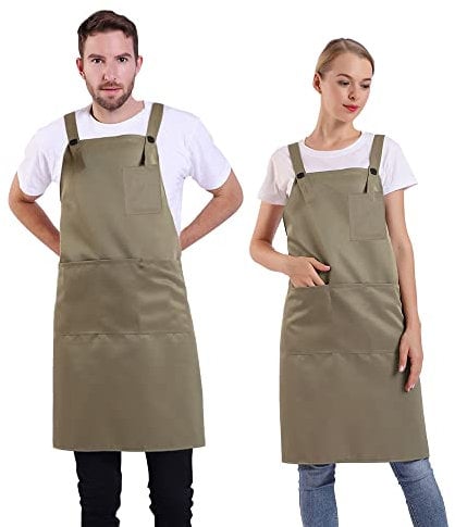 BIGHAS H-Stil Schürze mit Tasche für Damen und Herren, verstellbar, große Größe, bequem, Küche, Zuhause, Kochen, 12 Farben (Khaki)