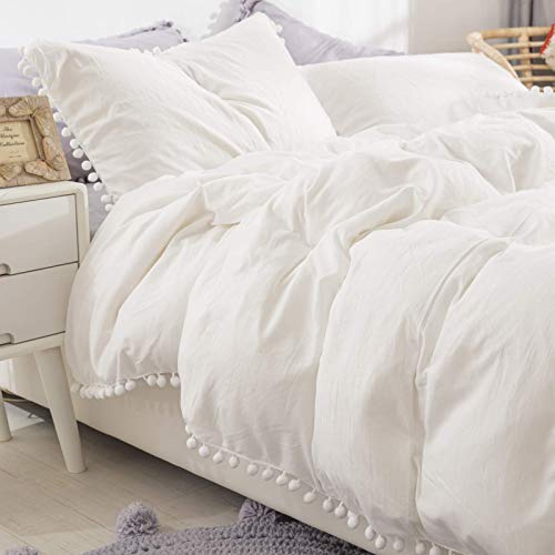 White Duvet Cover Double Size 3 Piece Pompoms Soft Microfiber Tassels Design Plain Colour 4 Seasons Bedding Set