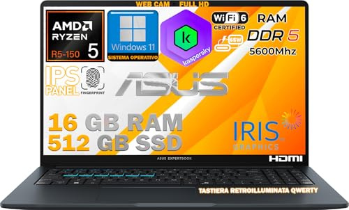 ASUS Notebook ExpertBook 15,6 AMD Ryzen 5 R-150U14ª Gen 10-Core fino a 5GHz, 16GB RAM DDR5, 512GB SSD, Win11 Pro, WiFi6E, Tastiera Retroilluminata, QWERTY, Fingerprint, Compatibile Kaspersky