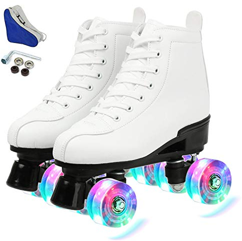 Rollschuhe, doppelreihig, verstellbar, hohe Rollschuhe, für drinnen und draußen, für Erwachsene, Weißes Blitzrad, 42=UK:8