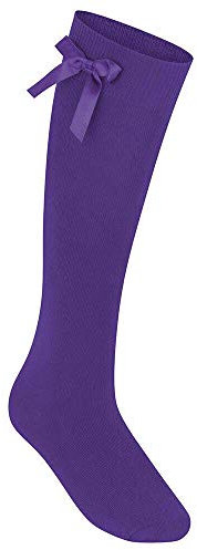 ComfyWear 3 paia di calzini alti al ginocchio con fiocco, calzini per uniforme scolastica, calzini lunghi in cotone in tutte le taglie, Viola, 4-7 anni