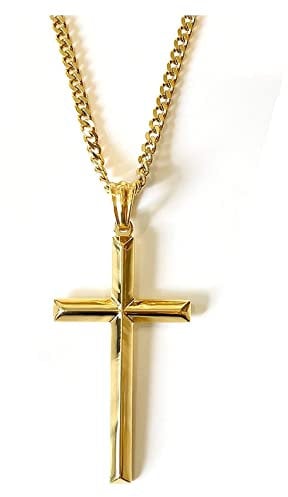 14K Gold Chain Cross Pendant Necklace for Men, Women 14ct w/real strong Solid Clasp Miami Cuban Link style Beveled Edges (22)
