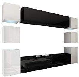 FURNITECH Wohnwand Wohnzimmer | Wohnzimmer Möbel mit LED RGB - 16 Farben | Hängend Wohnwand Modern | Wohnzimmer Schrankwand mit Regale und TV Schrank (Future 14/HG/BW/7 1A | 256 cm)