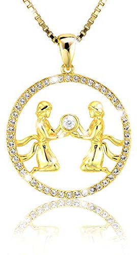 Elegante Damen Halskette Sternzeichen ZWILLING Kette 18K Gold plattiert glänzenden Kristallen aus der Kollektion SHINE inkl. einer edlen PAVEL’S Schmuckbox