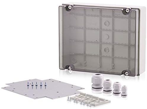 Industriegehäuse Set 380x300x120mm Kunststoffgehäuse Abzweigkasten Universalgehäuse Wandgehäuse mit Scharnierschrauben Schutzart IP65 inklusive Montageplatte, Kabelverschraubungen & Wandhalterungen