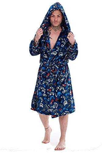 Keanu Mens Game Controller Dressing Gown with Hood - All Over Print Gaming Design - Supersoft Flannel Fleece - Mens Sizes S - XL (M/L)