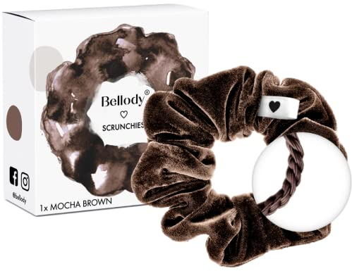 Bellody® Scrunchies Samt – Samtig weich, starker Halt, Velvet Look, exklusive Farben (1 Stück - Mocha Brown) - Haargummi Scrunchie in Braun