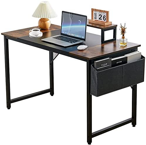 Warmiehomy Computer Desk with Monitor Stand and Storage Cloth Bag, Industrial Laptop Table Study Office Desk Writing Gaming Desk for Living Room Home Office Furniture, 120 x 60 x 75cm(Brown+Black)