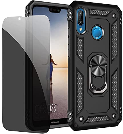 JOYTAG Schutzhülle kompatibel mit Huawei P20 Lite, Schwarz, Schutzhülle mit Displayschutzfolie aus Sichtglas, Anti-Spionage-Schutz