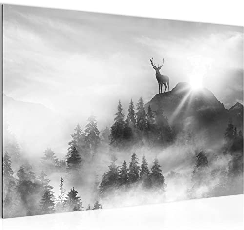 Runa Art Bild Wald Hirsch Modern Wandbilder Wohnzimmer Schlafzimmer 1 Teilig - Made In Germany - Natur Berge Schwarz Weiss Flur 042815c