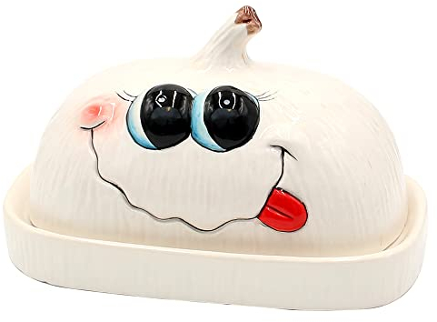 Keramik Butterdose / Butterbehälter in weiß - Knoblauch - Größe L/B/H: ca. 17 x 11,5 x 10 cm