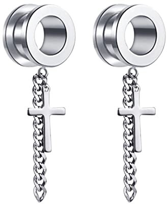 Daesar Ohr Tunnel 8MM Edelstahl, Ohr Plug Piercing mit Anhänger Kreuz Silber Ohrringe Tunnel Expander Set